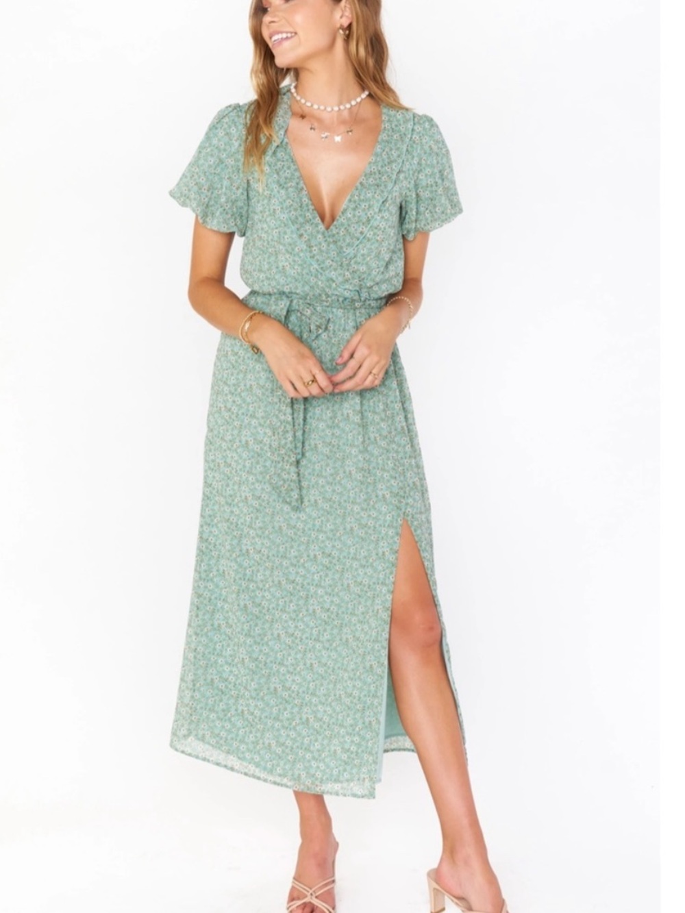 Women’s Show Me Your MuMu Midi Wedding Guest Dress Green Floral Chiffon XS (NWT)